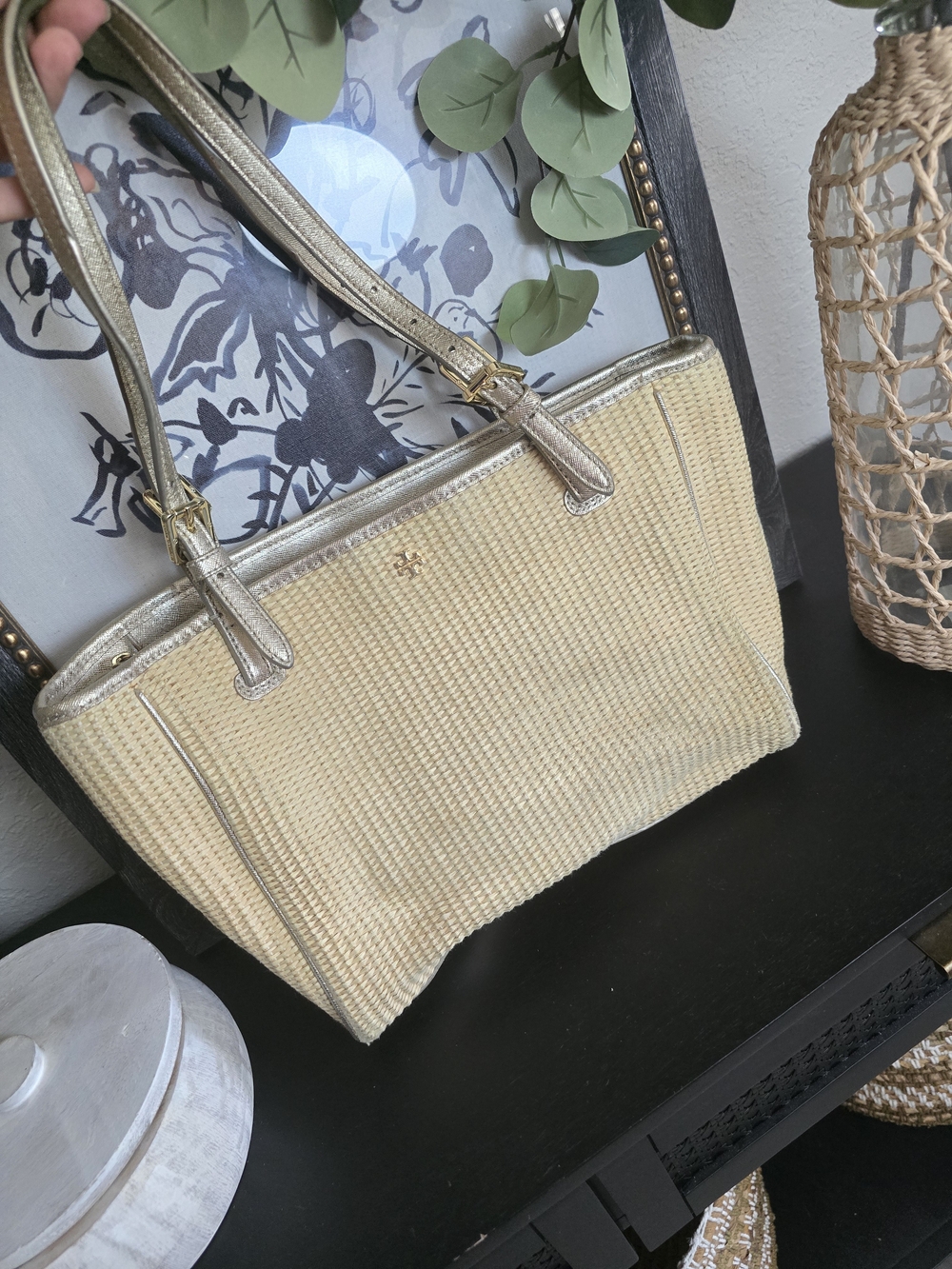 Tory Burch York Buckled Natural Woven Straw Tote Bag Gold Leather Straps Handbag